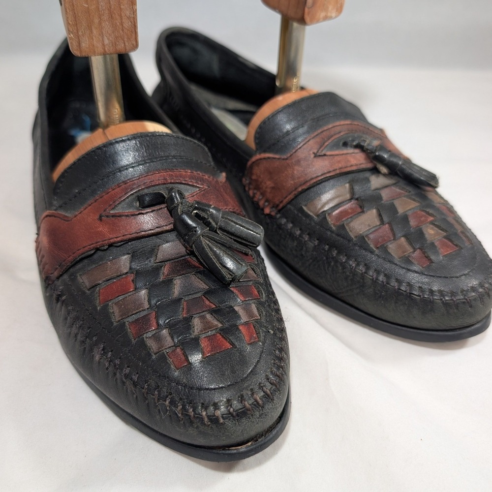 Mens 9.5 M Woven Tassel Loafers Black Brown Leather Brazil Vtg